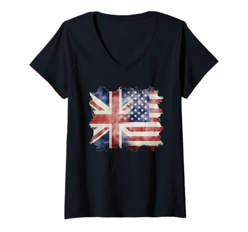 Damen Halb britische und amerikanische Union-Jack-Flagge mit Wurzeln in Großbritannien und Amerika T-Shirt mit V-Ausschnitt Damen Halb britische und amerikanische Union-Jack-Flagge mit Wurzeln in Großbritannien und Amerika T-Shirt mit V-Ausschnitt von Great Britain America Both Vintage Pride Heritage