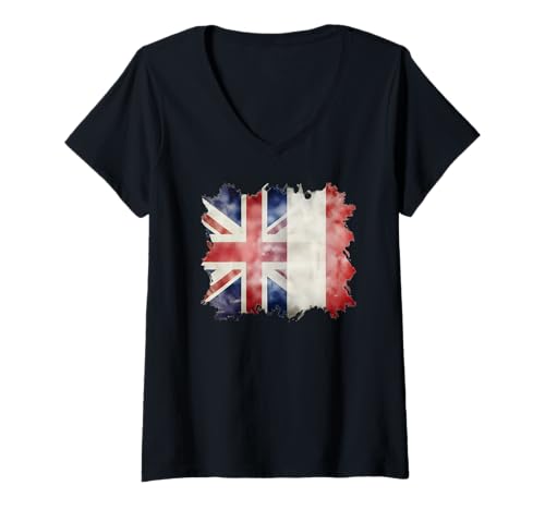 Damen Halbe britische und französische Flagge mit britischem Frankreich, Union Jack T-Shirt mit V-Ausschnitt Damen Halbe britische und französische Flagge mit britischem Frankreich, Union Jack T-Shirt mit V-Ausschnitt von Great Britain France Both Vintage Pride Heritage
