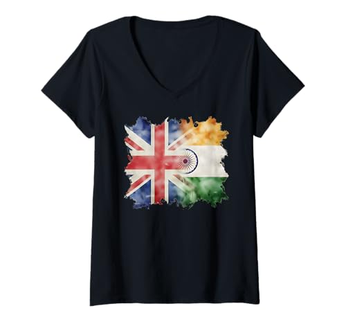 Damen Halbe britische und indische Union Jack-Flagge T-Shirt mit V-Ausschnitt Damen Halbe britische und indische Union Jack-Flagge T-Shirt mit V-Ausschnitt von Great Britain India Both Vintage Pride Heritage