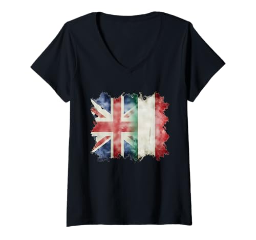 Damen Halbe britische und italienische Union Jack-Flagge T-Shirt mit V-Ausschnitt Damen Halbe britische und italienische Union Jack-Flagge T-Shirt mit V-Ausschnitt von Great Britain Italy Both Vintage Pride Heritage