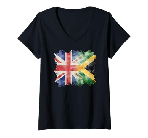Damen Halb britische und jamaikanische Flagge von UK Jamaica Roots Union Jack T-Shirt mit V-Ausschnitt Damen Halb britische und jamaikanische Flagge von UK Jamaica Roots Union Jack T-Shirt mit V-Ausschnitt von Great Britain Jamaica Both Vintage Pride Heritage