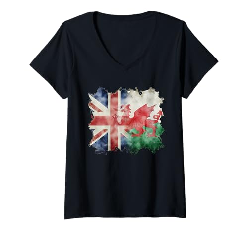 Damen Halbe britische und walisische britische Wales Roots Union Jack-Flagge T-Shirt mit V-Ausschnitt Damen Halbe britische und walisische britische Wales Roots Union Jack-Flagge T-Shirt mit V-Ausschnitt von Great Britain Wales Both Vintage Pride Heritage
