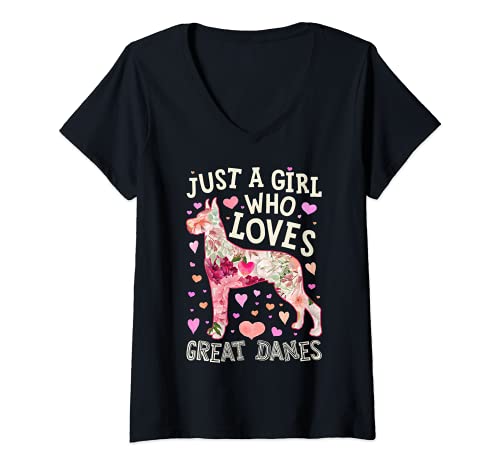 Damen Great Dane Just A Girl Who Loves Dog Flower Women Floral T-Shirt mit V-Ausschnitt Damen Great Dane Just A Girl Who Loves Dog Flower Women Floral T-Shirt mit V-Ausschnitt von Great Dane DU Clothing