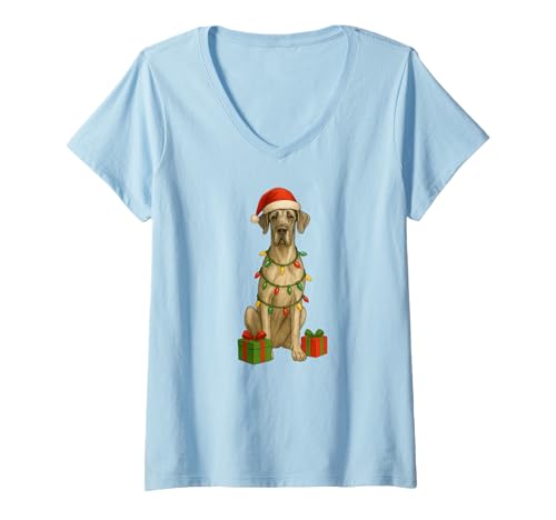 Damen Weihnachtliche Dogge, Weihnachtsbeleuchtung, Nikolausmütze T-Shirt mit V-Ausschnitt von Great Dane Designs From Kazzs