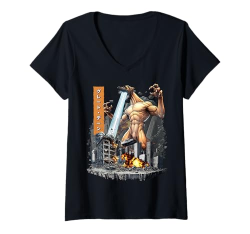 Damen Lustige Dogge Hund Kaiju Monster Japanisch T-Shirt mit V-Ausschnitt von Great Dane Dog Kaiju Monster Clothing