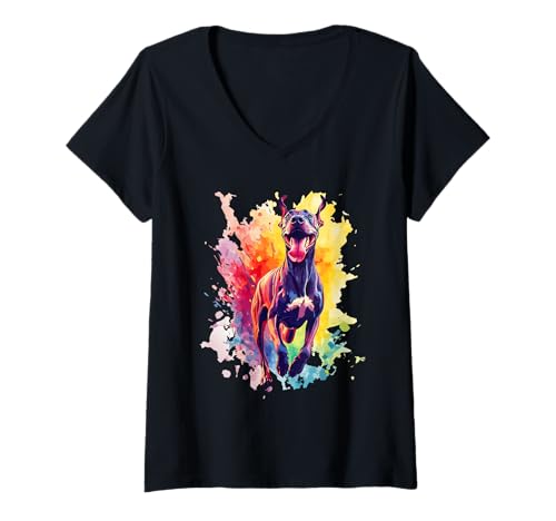 Damen Deutsche Dogge Lovers Bunte Splash Art Deutsche Dogge T-Shirt mit V-Ausschnitt Damen Deutsche Dogge Lovers Bunte Splash Art Deutsche Dogge T-Shirt mit V-Ausschnitt von Great Dane Dog Lover Designs