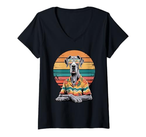 Damen Great Dane Sonnenbrille Hawaii Strand Sommer T-Shirt mit V-Ausschnitt Damen Great Dane Sonnenbrille Hawaii Strand Sommer T-Shirt mit V-Ausschnitt von Great Dane Dog Lover Gifts