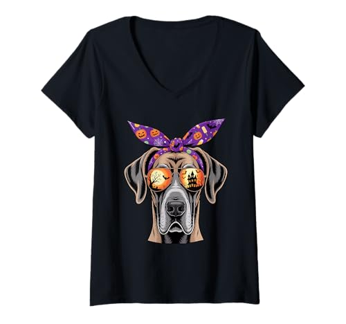 Damen Halloween Bandana Great Dane T-Shirt mit V-Ausschnitt Damen Halloween Bandana Great Dane T-Shirt mit V-Ausschnitt von Great Dane Dog Lover Gifts