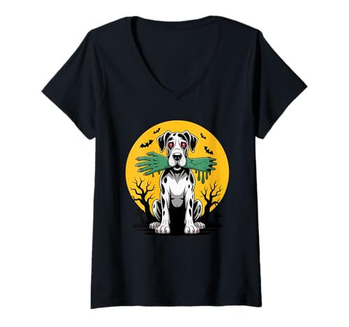 Damen Halloween Mond Zombie Hand Great Dane Mastiff Great Danes T-Shirt mit V-Ausschnitt von Great Dane Dog Lover Gifts