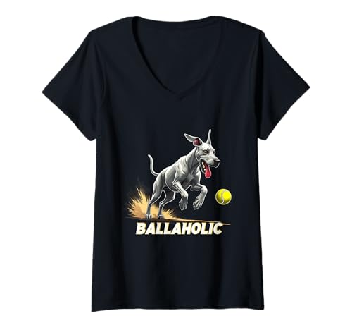 Damen Lustiger Ballaholischer Dogge Hund Jagd Deutscher Mastiffball T-Shirt mit V-Ausschnitt von Great Dane Fun Designs