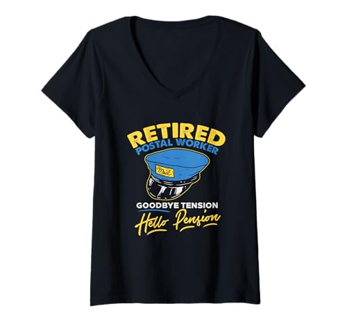 Damen Bye Tension Hello Pension Lustig Postangestellter Ruhestand T-Shirt mit V-Ausschnitt von Great Gifts for Retiring Mail Carriers