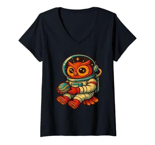 Damen Niedliche Eule Astronaut hält Planet T-Shirt mit V-Ausschnitt Damen Niedliche Eule Astronaut hält Planet T-Shirt mit V-Ausschnitt von Great Horned Owl Bird Watching Accessories