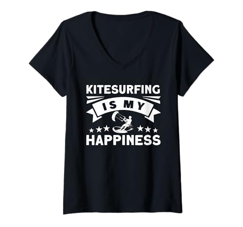 Damen Kitesurfen ist Mein Glück T-Shirt mit V-Ausschnitt von Great Kitesurfing Is My Happiness Apparel