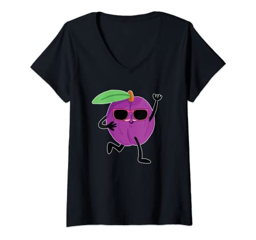 Damen Lustige Pflaume mit Sonnenbrille Cool Plum Fruits T-Shirt mit V-Ausschnitt von Great Plums Lover Plum Fruit Costume