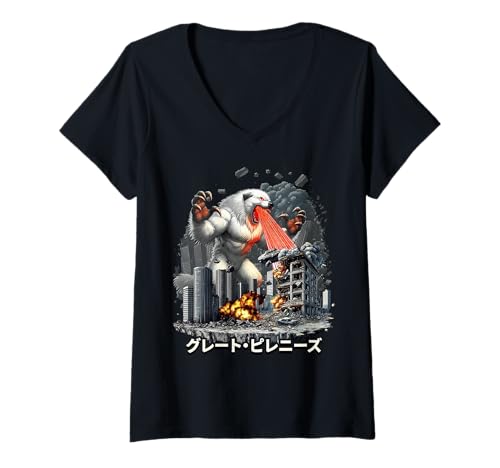 Damen Lustiger großer Pyrenäen-Hund Kaiju Monster Japanisch T-Shirt mit V-Ausschnitt Damen Lustiger großer Pyrenäen-Hund Kaiju Monster Japanisch T-Shirt mit V-Ausschnitt von Great Pyrenees Dog Kaiju Monster Clothing