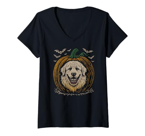 Damen Gruselige große Pyrenäen Jack O Laterne Halloween Kürbis Fledermäuse T-Shirt mit V-Ausschnitt von Great Pyrenees Lover Funny Retro Cute Gift Design