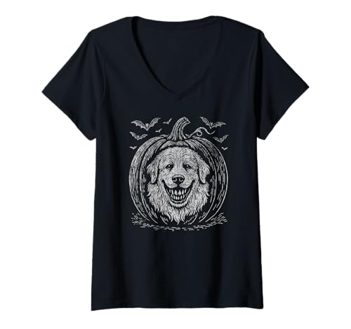 Damen Halloween Gruselige Pyrenäen Kürbis Jack O Laterne Fledermäuse T-Shirt mit V-Ausschnitt von Great Pyrenees Lover Funny Retro Cute Gift Design
