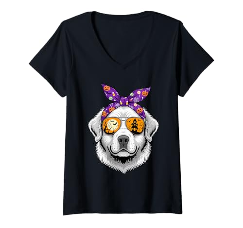 Damen Halloween Bandana Great Pyrenees T-Shirt mit V-Ausschnitt Damen Halloween Bandana Great Pyrenees T-Shirt mit V-Ausschnitt von Great Pyrenees Lover Gifts