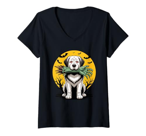 Damen Halloween Mond Zombie Great Pyrenees Pyrenean Mountain Dog T-Shirt mit V-Ausschnitt Damen Halloween Mond Zombie Great Pyrenees Pyrenean Mountain Dog T-Shirt mit V-Ausschnitt von Great Pyrenees Lover Gifts