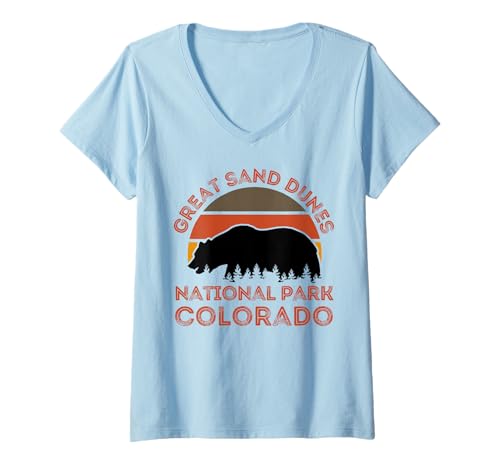 Damen Great Sand Dunes Nationalpark T-Shirt mit V-Ausschnitt von Great Sand Dunes National Park Colorado USA Retro
