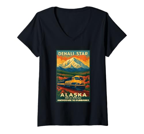 Damen Denali Star Train Rail T-Shirt mit V-Ausschnitt Damen Denali Star Train Rail T-Shirt mit V-Ausschnitt von Great Trains Design and Apparel