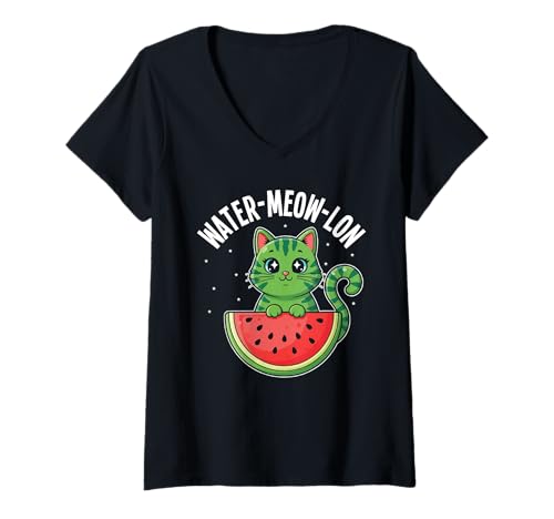Damen Wassermelone Meow Katze Kawaii Obst Wortspiel Niedlich Sommer Lustig T-Shirt mit V-Ausschnitt Damen Wassermelone Meow Katze Kawaii Obst Wortspiel Niedlich Sommer Lustig T-Shirt mit V-Ausschnitt von Great Watermelon Fruit Lover Gifts Watermeowlon