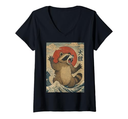 Damen Vintage Giant Waschbär Great Wave Japanische Anime Retro Lustig T-Shirt mit V-Ausschnitt Damen Vintage Giant Waschbär Great Wave Japanische Anime Retro Lustig T-Shirt mit V-Ausschnitt von Great Wave Raccoon Vintage Japanese Art Kids Teens