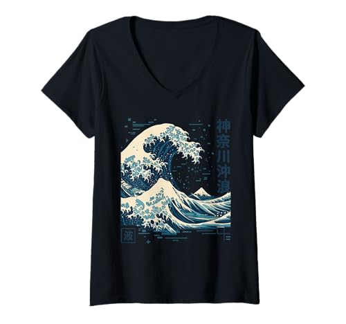 Damen Die große Welle vor Kanagawa Japanese Art Sea Ocean Wave T-Shirt mit V-Ausschnitt Damen Die große Welle vor Kanagawa Japanese Art Sea Ocean Wave T-Shirt mit V-Ausschnitt von Great Wave Retro Asian Artwork Japanese Culture