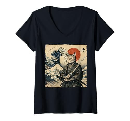 Damen Vintage-Samurai-Katze, große Welle, japanische Kunst, Anime-Ästhetik T-Shirt mit V-Ausschnitt Damen Vintage-Samurai-Katze, große Welle, japanische Kunst, Anime-Ästhetik T-Shirt mit V-Ausschnitt von Great Wave Vintage Samurai Cat Japanese Aesthetic