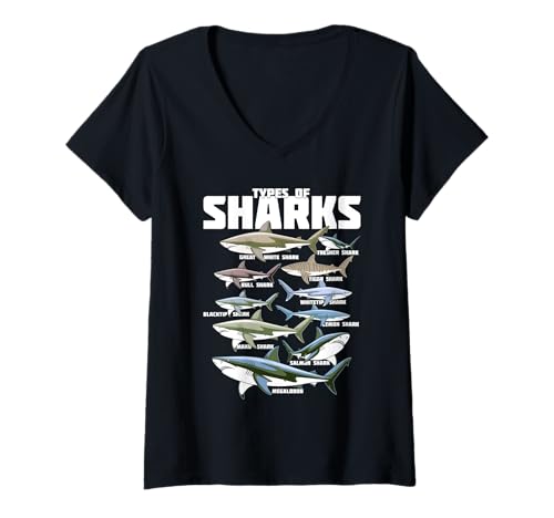 Damen Types of Sharks Ocean Education Design T-Shirt mit V-Ausschnitt Damen Types of Sharks Ocean Education Design T-Shirt mit V-Ausschnitt von Great White Shark to Megalodon Shark Fan Art