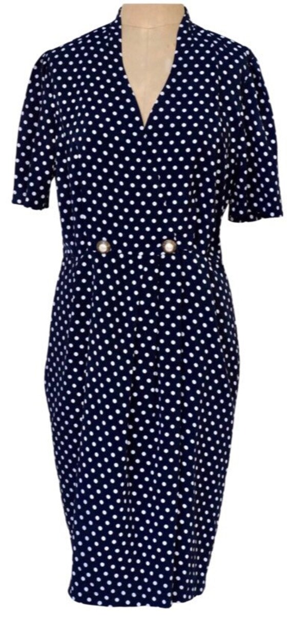 1980S-1990S Blau Und Weiß Gepunktetes Kleid, Leichtes Polyester Wickelkleid, Zweireihig, Kleid von GreatAuntyTingTing