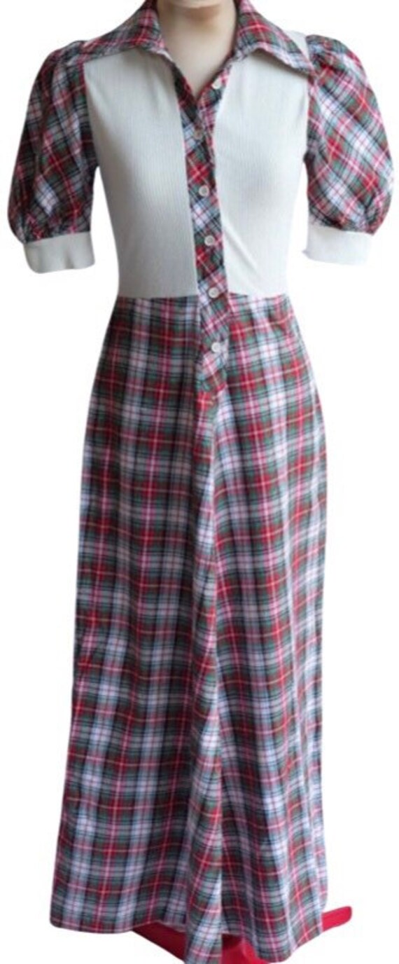 Maxi Kleid, 1970Er Jahre Großer Kragen Tartan Und Strick Button Up Kleid Hippy Flower Power, Boho, Tageskleid von GreatAuntyTingTing