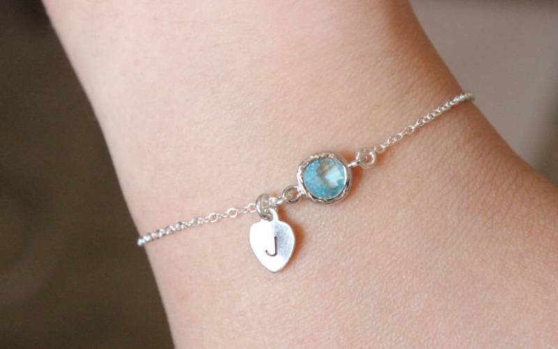 Initial Optional, Gold Verfügbar, Aqua Blue Armband, Herz Silber Brautjungfer Geschenk, Personalisieren von GreatJewelry4All