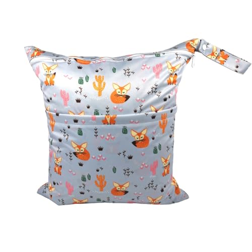 GreatRise 40 × 45 cm Tragbar Groß Wetbag Baby-Windeltasche Wasserdichter Wickeltasche Baby Windel Organizer Nasstasche mit Reißverschluss für Unterwegs Reisen Strandtücher Kindergarten Fuchs #1 von GreatRise