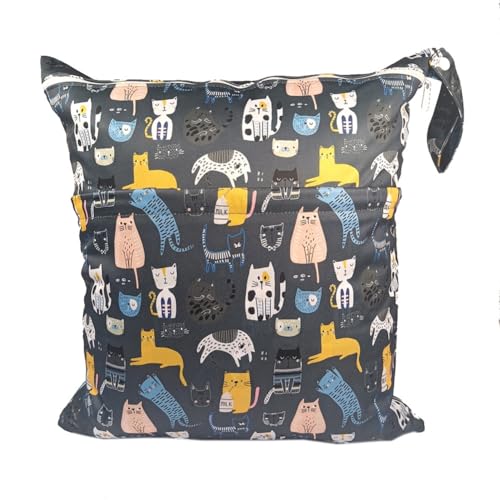 GreatRise 40 × 45 cm Tragbar Groß Wetbag Baby-Windeltasche Wasserdichter Wickeltasche Baby Windel Organizer Nasstasche mit Reißverschluss für Unterwegs Reisen Strandtücher Kindergarten Katzen von GreatRise