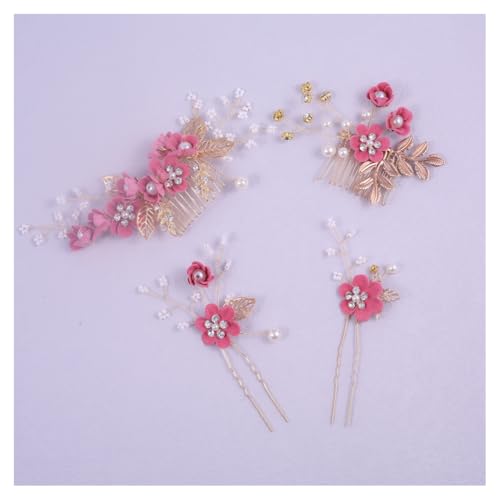 GreatRise Blume Haarschmuck Braut Haarkamm Edel Haarnadeln Perle Strass Brautschmuck Elegant Seitenkämme U-förmig Haarspangen für Hochzeit Party Frauen Mädchen Rosa 4-teiliges Set von GreatRise