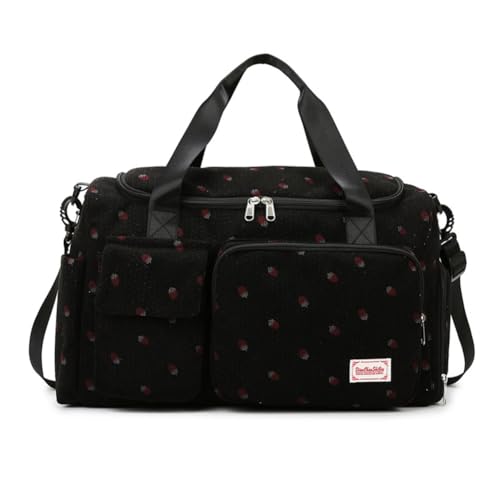 GreatRise Cord Sporttasche Damen mit Nassfach & Schuhfach & Abnehmbarer Schultergurt Groß Handgepäck Reisetasche zum Umhänge Erdbeeren Muster Schwimmtasche für Reisen Sport Fitness Schwarz von GreatRise