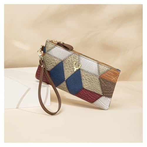 GreatRise Damen Geldbörse Leder Portmonee mit Abnehmbare Handschlaufe Mehrfarbig Geometrische Muster Clutch Brieftasche Lange Geldbeutel Vintage Brieftasche Handytasche Blau von GreatRise