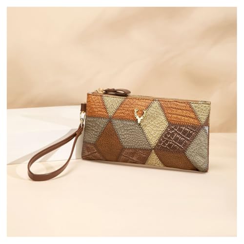 GreatRise Damen Geldbörse Leder Portmonee mit Abnehmbare Handschlaufe Mehrfarbig Geometrische Muster Clutch Brieftasche Lange Geldbeutel Vintage Brieftasche Handytasche Braun von GreatRise