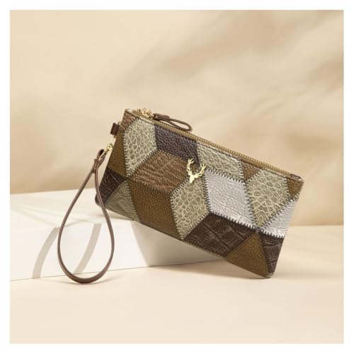 GreatRise Damen Geldbörse Leder Portmonee mit Abnehmbare Handschlaufe Mehrfarbig Geometrische Muster Clutch Brieftasche Lange Geldbeutel Vintage Brieftasche Handytasche Grau von GreatRise