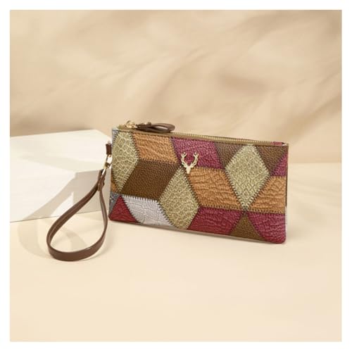 GreatRise Damen Geldbörse Leder Portmonee mit Abnehmbare Handschlaufe Mehrfarbig Geometrische Muster Clutch Brieftasche Lange Geldbeutel Vintage Brieftasche Handytasche Rot von GreatRise