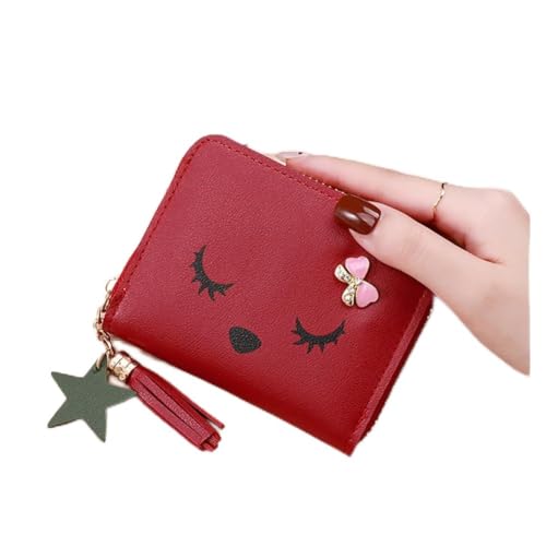 GreatRise Damen Kurze Geldbörse Quaste Kurze Geldbeutel Reißverschluss Portemonnaie PU Leder Kartenhalter Brieftasche, 4 Kartenfächer, 2 Münzfach, 1 Reißverschluss Fächer, für Mädchen Burgunderrot von GreatRise
