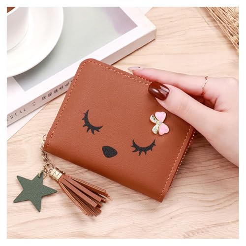 GreatRise Damen Kurze Geldbörse Quaste Kurze Geldbeutel Reißverschluss Portemonnaie PU Leder Kartenhalter Brieftasche, 4 Kartenfächer, 2 Münzfach, 1 Reißverschluss Fächer, für Mädchen Braun von GreatRise