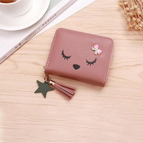 GreatRise Damen Kurze Geldbörse Quaste Kurze Geldbeutel Reißverschluss Portemonnaie PU Leder Kartenhalter Brieftasche, 4 Kartenfächer, 2 Münzfach, 1 Reißverschluss Fächer, für Mädchen Dunkel Rosa von GreatRise