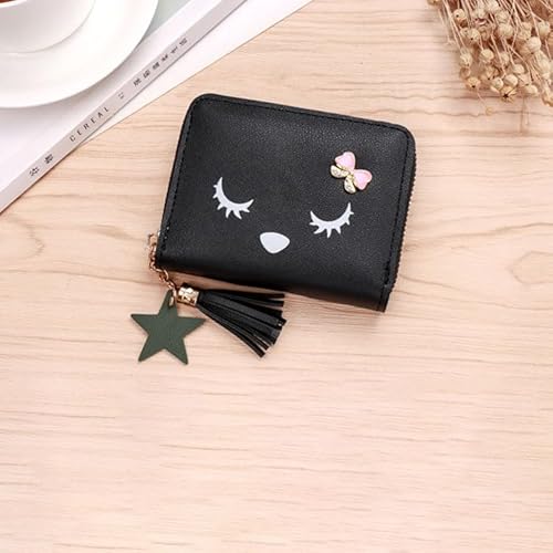 GreatRise Damen Kurze Geldbörse Quaste Kurze Geldbeutel Reißverschluss Portemonnaie PU Leder Kartenhalter Brieftasche, 4 Kartenfächer, 2 Münzfach, 1 Reißverschluss Fächer, für Mädchen Schwarz von GreatRise