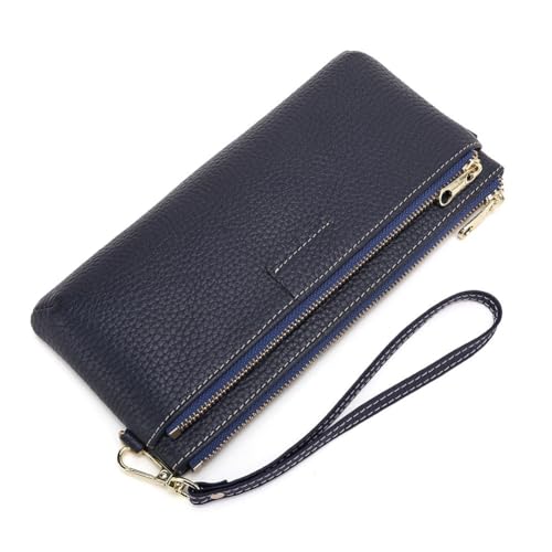 GreatRise Geldbörse Damen Leder Portemonnaie Reißverschluss Geldbeutel Crossbody Brieftasche im Langformat mit Abnehmbar Handschlaufe & Lang Kette Taschenriemen, 4 Kartenfächern Dunkelblau von GreatRise