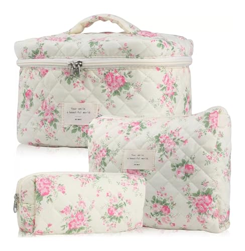 GreatRise Gesteppte Kosmetiktasche Reise Kulturbeutel Baumwolle Blumenmuster Schminktasche Tragbare Cosmetic Organizer Makeup Tasche Kawaii für Frauen Rosa Blumen 26×7×18cm 1 Stück (ist kein Set) von GreatRise
