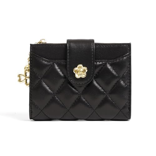 GreatRise Klein Geldbörse Damen Modisch Geldbeutel mit Blume Schnappen Echtes Leder Kartenhalter Faltbare Brieftasche Portemonnaie mit Münzfach Bargeldfach Ausweisfenster Kartenfächer Schwarz von GreatRise