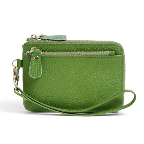 GreatRise Klein Geldbörse Damen Reißverschluss Portemonnaie Leder Geldbeutel Frauen Slim Kartenetui Mini mit Handgelenkband, 3 Fächer, 3 Kartenfächern und 1 Schlüsselanhänger Apfelgrün von GreatRise