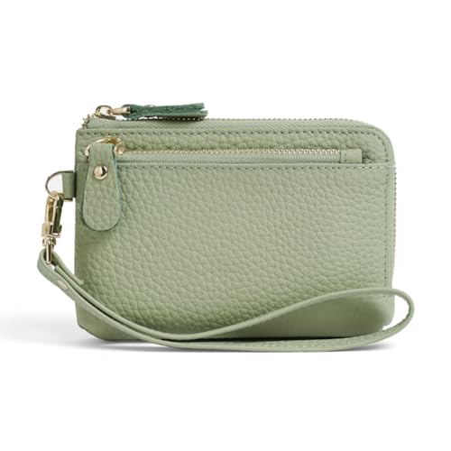 GreatRise Klein Geldbörse Damen Reißverschluss Portemonnaie Leder Geldbeutel Frauen Slim Kartenetui Mini mit Handgelenkband, 3 Fächer, 3 Kartenfächern und 1 Schlüsselanhänger Hellgrün von GreatRise